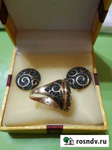 Золотой комплект с чёрным фианитом 585пр Сердобск - изображение 1