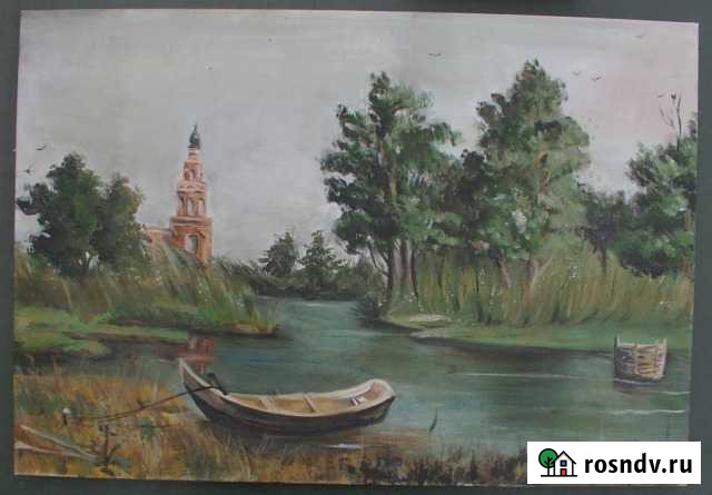 Картина часовня у реки лодка масло холст на картон Долгопрудный - изображение 1