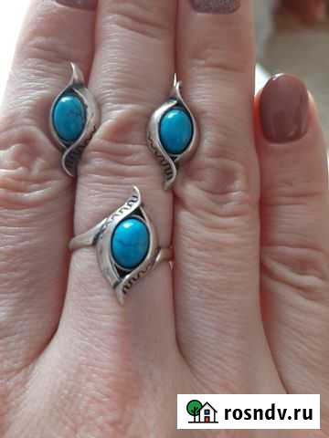 Серебряные кольцо и серьги (бирюза) Чебоксары - изображение 1