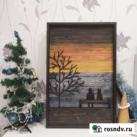 Картина из натурального дерева На закате Костомукша - изображение 1