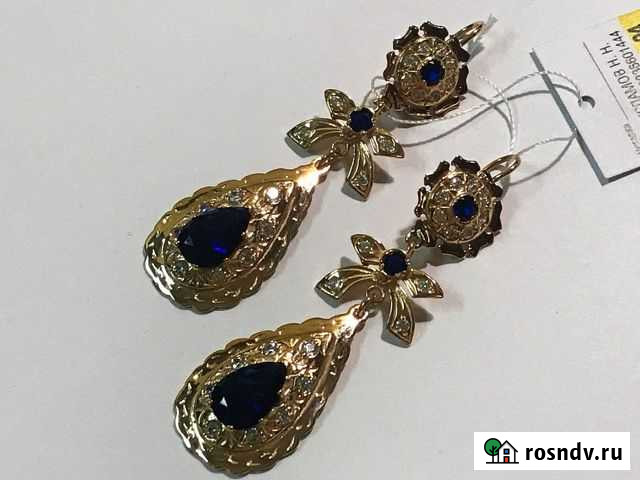 Серьги с синим камнем цыганские золотые Ижевск - изображение 1
