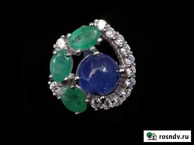 Серебряное кольцо танзанит и изумруды Углич - изображение 1