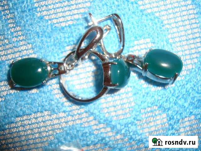 Серьги и кольцо набор комплект зеленый агат Курск - изображение 1