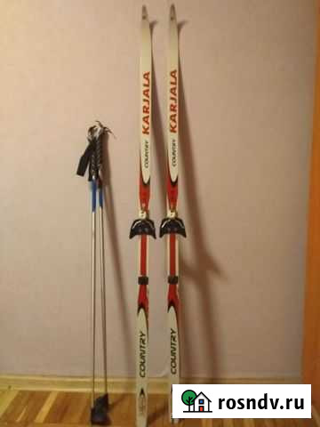 Лыжи пластиковые с креплением 160 с палками 110 Балашиха - изображение 1