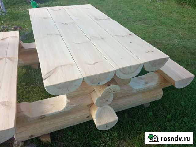 Стол с лавками из массивного бревна Владимир - изображение 1