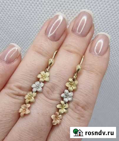 Золотые серьги-висюльки Цветочки Краснодар - изображение 1