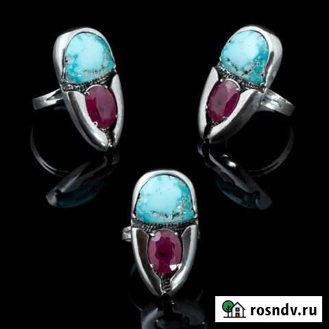 Серебряное кольцо с природной бирюзой и рубином Томск - изображение 1