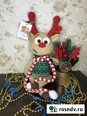 Вязаный олененок с красными рожками Челябинск - изображение 1