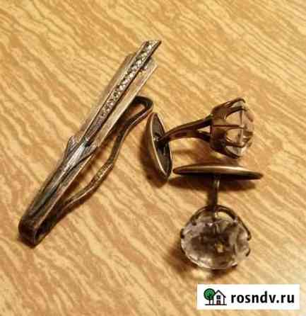 Запонки и зажим для галстука серебро, горный хруст Ростов-на-Дону