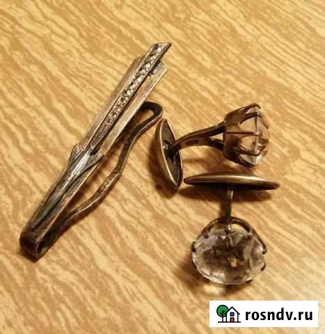 Запонки и зажим для галстука серебро, горный хруст Ростов-на-Дону - изображение 1