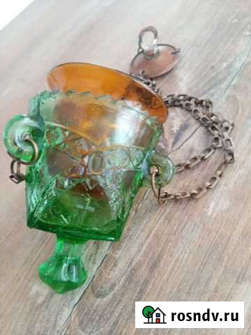 Лампадка старинная на цепях цветное стекло +стакан Киров - изображение 1