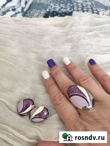 Бижутерия серьги и кольцо Белофиолетовый эмаль Королев - изображение 1