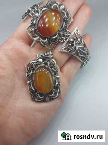 Винтажный серебряный комплект с сердоликом СССР Мурманск - изображение 1