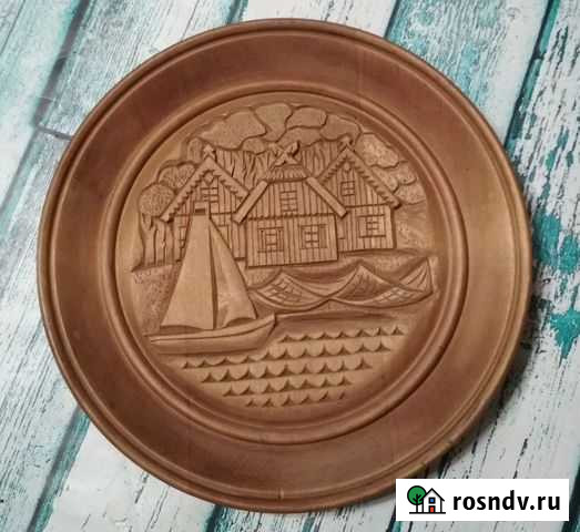 Панно Рыбацкая деревня Дерево Резьба СССР тарелка Малое Верево - изображение 1
