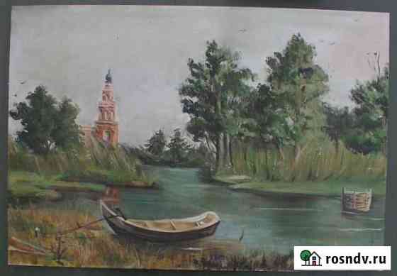 Картина часовня у реки лодка масло холст на картон Долгопрудный