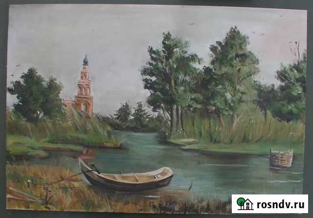 Картина часовня у реки лодка масло холст на картон Долгопрудный - изображение 1