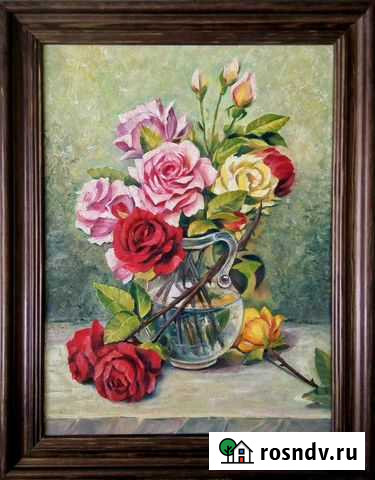 Картина Розы в стеклянной вазе холст масло Новосибирск - изображение 1