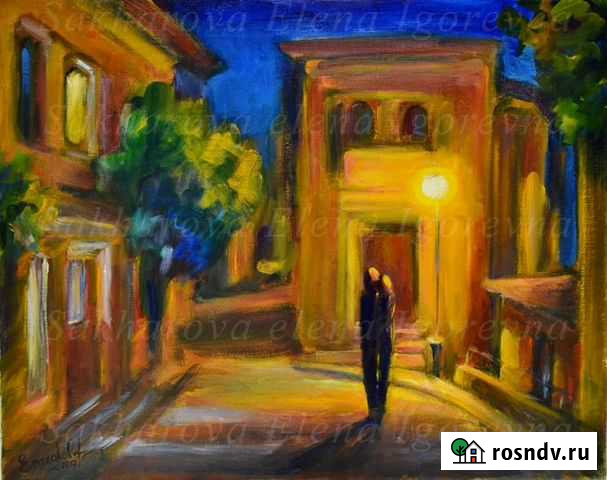 Картина маслом на холсте Под ночным фонарем Москва - изображение 1