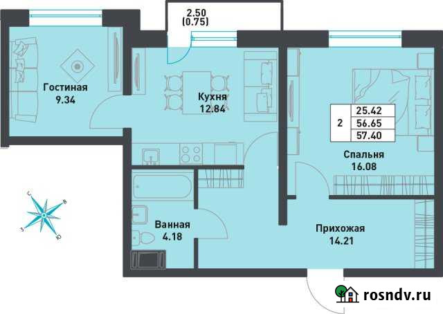 2-комнатная квартира, 57 м², 8/9 эт. на продажу в поселке Свердлова Свердлова - изображение 1
