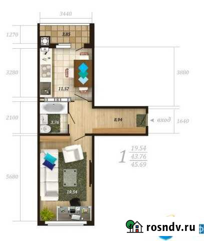 1-комнатная квартира, 44 м², 3/5 эт. на продажу в Отрадном Воронежской области Отрадное - изображение 1