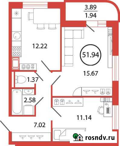 2-комнатная квартира, 51 м², 9/12 эт. на продажу в Буграх Бугры - изображение 1