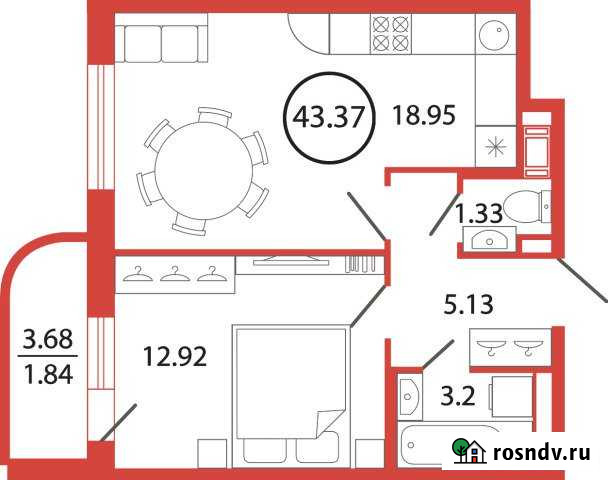 1-комнатная квартира, 43 м², 2/12 эт. на продажу в Буграх Бугры - изображение 1