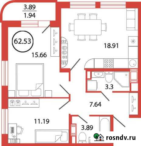2-комнатная квартира, 62 м², 3/12 эт. на продажу в Буграх Бугры - изображение 1