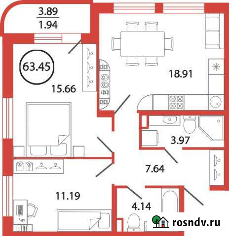 2-комнатная квартира, 63 м², 2/12 эт. на продажу в Буграх Бугры - изображение 1