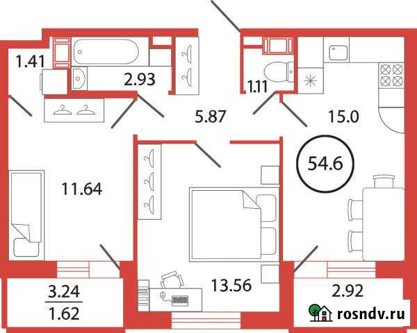 2-комнатная квартира, 54 м², 9/12 эт. на продажу в Буграх Бугры - изображение 1