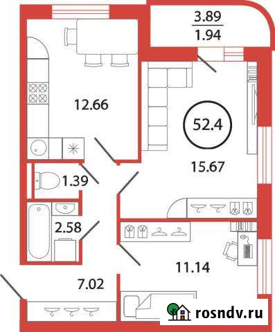 2-комнатная квартира, 52 м², 2/12 эт. на продажу в Буграх Бугры - изображение 1
