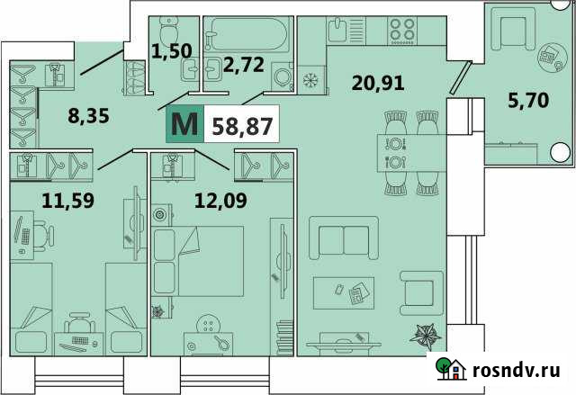 3-комнатная квартира, 59 м², 7/9 эт. на продажу в Северодвинске Северодвинск - изображение 1