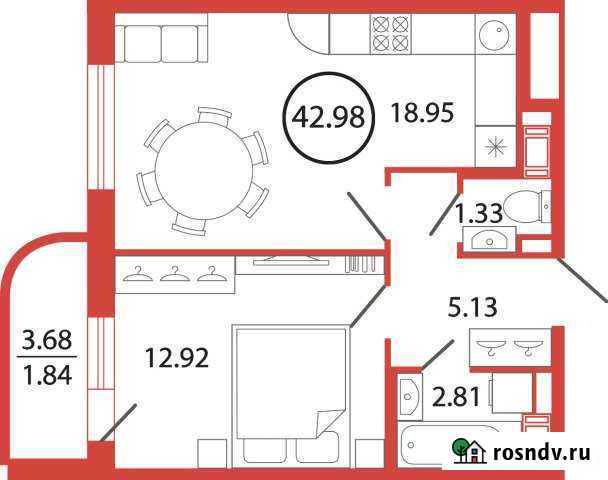 1-комнатная квартира, 43 м², 5/12 эт. на продажу в Буграх Бугры - изображение 1