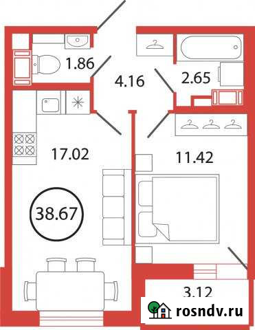 1-комнатная квартира, 38 м², 5/12 эт. на продажу в Буграх Бугры - изображение 1