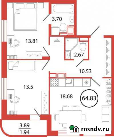 2-комнатная квартира, 64 м², 4/12 эт. на продажу в Буграх Бугры - изображение 1