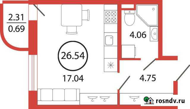 Квартира-студия, 26 м², 3/12 эт. на продажу в Буграх Бугры - изображение 1