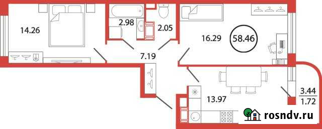 2-комнатная квартира, 58 м², 9/12 эт. на продажу в Буграх Бугры - изображение 1